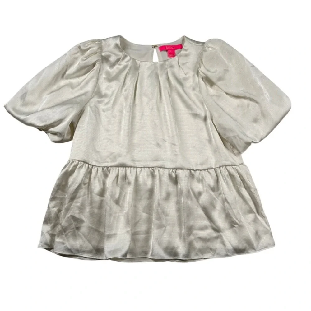 Lilly Pulitzer Top Womens 2 Cream Satin Puff Sleeve Peplum Blouse Ivory Pleated